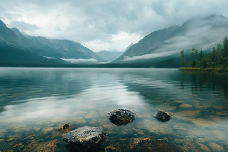 Calm waters reflect dark mountains and clouds while gentle mist hovers over a serene lake at dawn.の写真素材