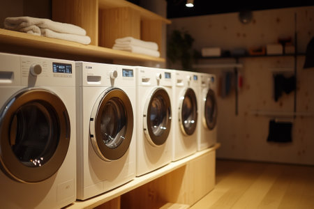 Five sleek washing machines are lined up in a well-lit, minimalist laundry area with shelving above.の写真素材