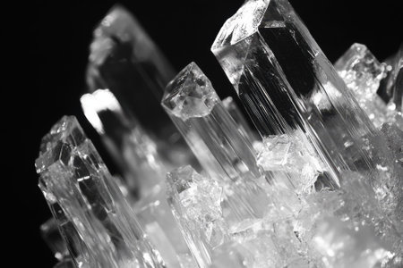 Brilliant quartz crystals emerge from a dark background, showing their clarity and reflective qualities.の写真素材