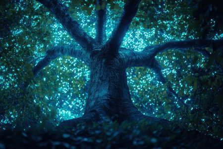 Glowing blue lights illuminate the branches of a large tree under a starry sky in a mystical forest.の写真素材