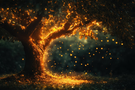 A mystical tree radiates a warm glow amidst a lush green forest during twilight, creating a magical atmosphere.の写真素材