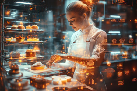 A pastry chef meticulously decorates a dessert in a contemporary bakery filled with vibrant treats and technology.の写真素材