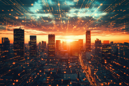 A stunning sunset illuminates a city skyline, enhancing skyscrapers with digital effects and warm colors.の写真素材