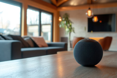 A sleek smart speaker sits on a wooden table in a contemporary living area filled with comfortable furniture.の写真素材