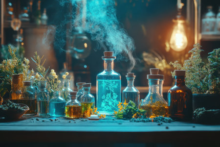 Various colorful bottles filled with potions are arranged on a table surrounded by herbs in a dim workshop.の写真素材
