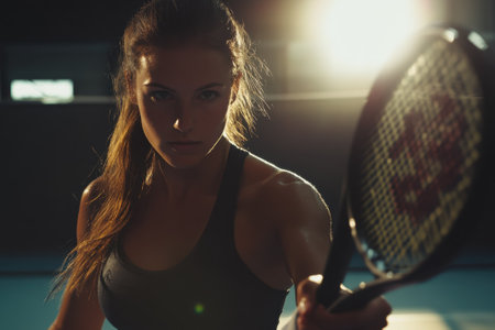 A focused athlete grips a tennis racket, ready to serve on a dark court illuminated by spotlights.の写真素材