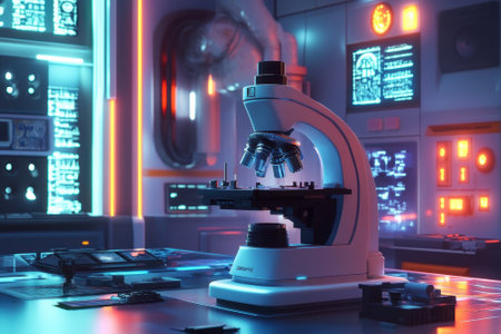 A high-tech laboratory features a microscope surrounded by illuminated screens and scientific instruments.の写真素材