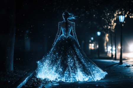 A graceful figure in a shimmering gown strolls through a dimly lit park, surrounded by soft lights and shadows.の写真素材