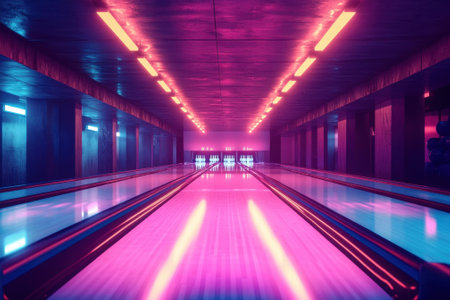 Neon lights illuminate a modern bowling alley, enhancing the atmosphere for a fun night out with friends.の写真素材