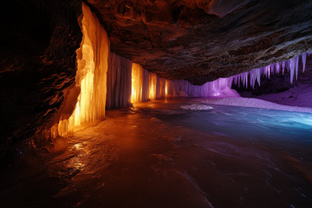 Beautiful cave with ice formations glowing in shades of orange, purple, and blue, reflecting on the water.の写真素材