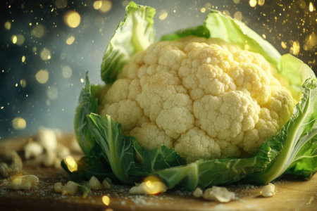 A vibrant cauliflower displays its textural surface on a wooden board, with nuts nearby and sparkles in the air.の写真素材