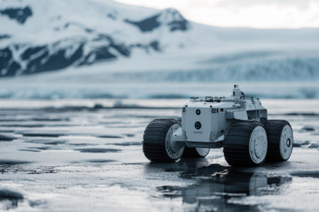 Robotic vehicle navigates over frozen ground surrounded by stunning icy mountains and glaciers.の写真素材