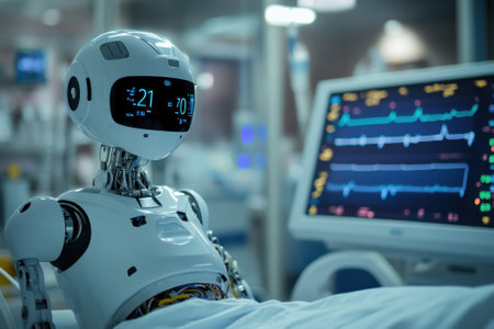A humanoid robot is monitoring a patient's vital signs in a modern hospital setting, showingcasing technology.の写真素材