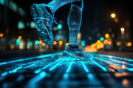 A runner jogs through a city at night, illuminated by glowing blue patterns on the pavement.の写真素材