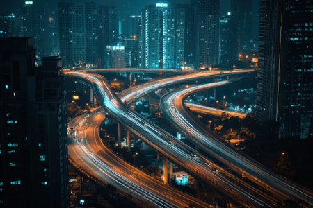 A vibrant city skyline features illuminated skyscrapers and busy highways at night with flowing traffic.の写真素材