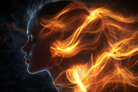 A stunning artwork blends a woman's profile with flowing flames, glowing in the dark.の写真素材