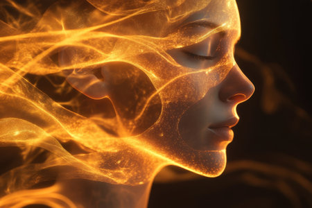 A glowing figure is depicted with flowing golden lights surrounding the face in darkness, creating an ethereal effect.の写真素材