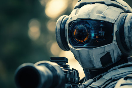 A robotic soldier equipped with advanced weaponry prepares for mission in a dense forest setting.の写真素材