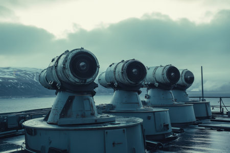 Four naval guns are mounted on a ship's deck, facing the sea, with dramatic clouds in the background.の写真素材