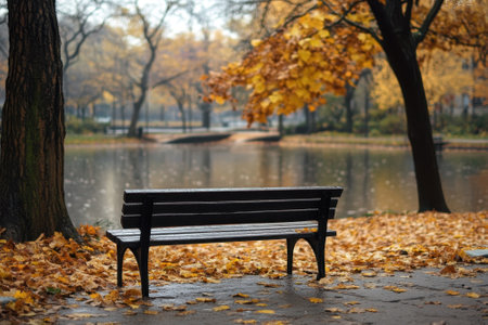 A serene park setting features a bench next to a pond surrounded by colorful autumn leaves in the rain.の写真素材
