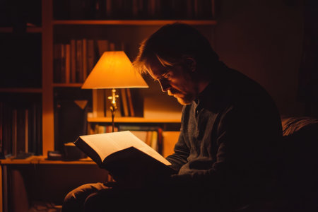 A person sits comfortably in a cozy room, intently reading a book illuminated by a soft lamp light in the evening.の写真素材