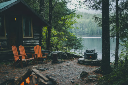 A cabin nestled by a tranquil lake surrounded by trees, featuring wooden chairs and a fire pit for relaxation.の写真素材