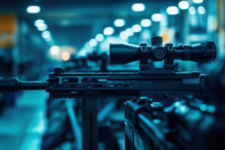 Focused view of a sniper rifle equipped with a precision scope, arranged in a well-organized armory space.の写真素材