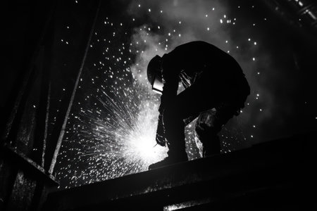 A skilled welder crouches on a metal beam, creating bright sparks while working intently in low light.の写真素材