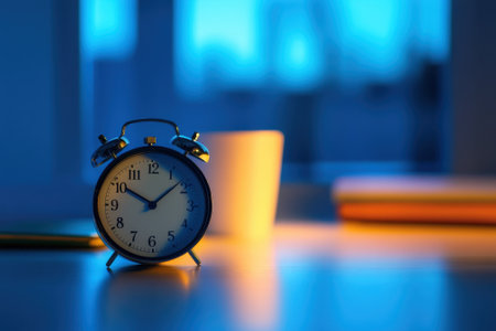 An alarm clock and coffee cup sit on a desk, illuminated by soft morning light streaming through a window.の写真素材