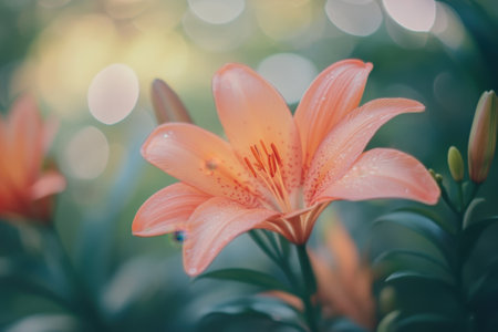 Vibrant orange lily flowers blossom in a tranquil garden setting as sunlight filters through leaves.の写真素材
