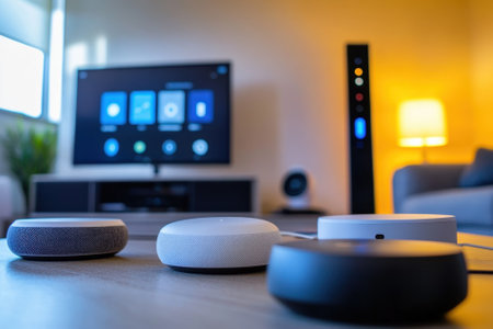 Smart speakers and a large TV create a connected atmosphere in a cozy living room with warm lighting.の写真素材