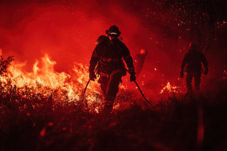 Firefighters are actively fighting a wildfire at night, surrounded by bright flames and thick smoke.の写真素材