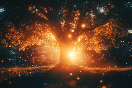 Golden sunlight shines through a large tree, creating a mystical atmosphere filled with glowing particles.の写真素材