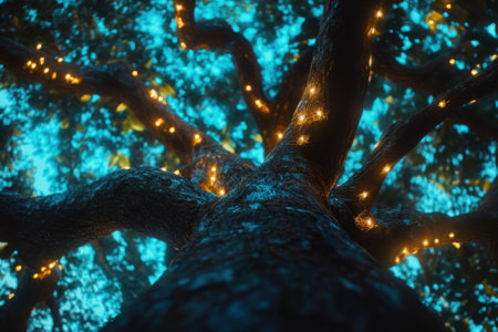 Looking up at a tree adorned with warm fairy lights, casting a magical glow in a peaceful nighttime environment.の写真素材