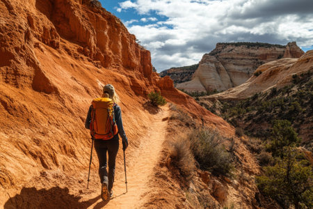 A hiker navigates a sandy trail through vibrant red rocks, surrounded by dramatic cliffs and scattered greenery.の写真素材