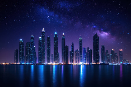 Skyscrapers glow under a clear night sky filled with stars, reflecting beautifully in the calm water below.の写真素材