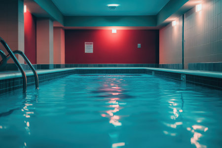 Quiet indoor swimming pool featuring clear water and colorful illuminated walls creates a relaxing atmosphere.の写真素材