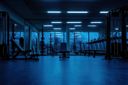 The fitness center showcases a calm and quiet atmosphere with blue fluorescent lighting at night.の写真素材