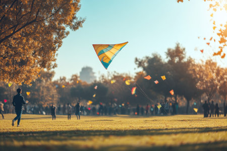 Families and friends gather in a vibrant park to enjoy kite flying under a clear blue sky in autumn.の写真素材