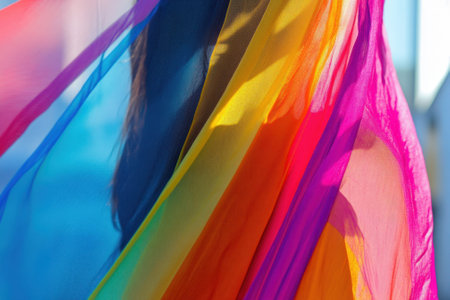 Vibrant silk fabric in shades of blue, pink, and yellow waves gently in a breeze at a lakeside gathering.の写真素材