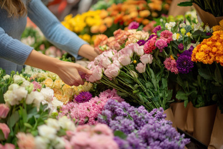 A person carefully chooses fresh flowers from a lively market filled with blooms in various colors.の写真素材