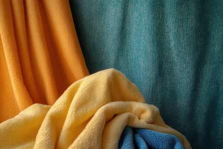 Soft orange, yellow, and teal fabrics create a vibrant, textured composition.の写真素材