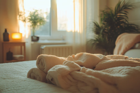 Soft towels neatly arranged on a bed, illuminated by gentle morning light streaming through a window.の写真素材