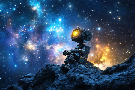 A robot sits on a rocky asteroid, gazing at a vibrant galaxy filled with stars and cosmic colors.の写真素材