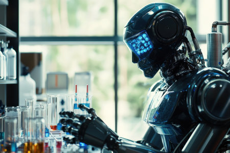 A humanoid robot is performing scientific experiments at a modern laboratory filled with colorful liquids.の写真素材