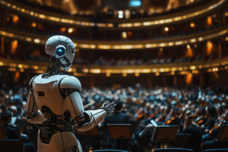 A humanoid robot conducts a symphony orchestra in a large concert hall filled with musicians and an audience.の写真素材