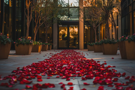 Rose petals mark the pathway in a lush courtyard at sunset, creating a romantic atmosphere.の写真素材