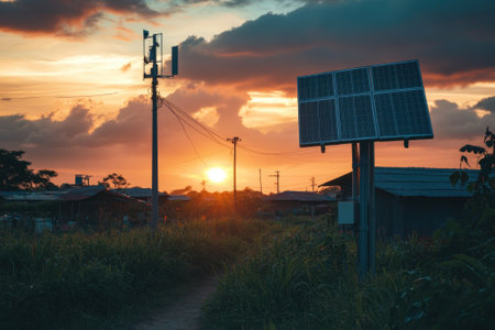 Solar panels and cellphone towers dot a rural sunset, casting long shadows in a tranquil atmosphere.の写真素材