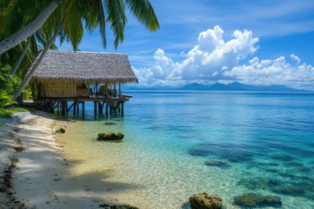 A tranquil beach features a thatched hut on stilts with clear turquoise waters and distant mountains under a blue sky.の写真素材