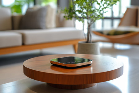 A sleek smart device rests on a circular wooden table in a stylish, modern living room with comfortable furniture.の写真素材